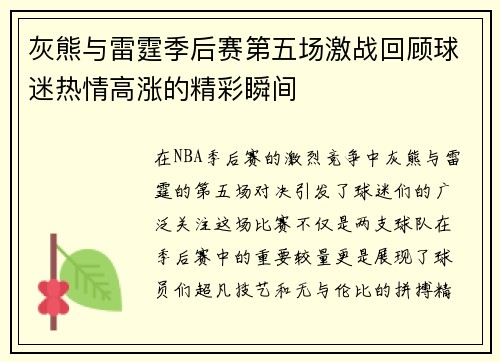 灰熊与雷霆季后赛第五场激战回顾球迷热情高涨的精彩瞬间